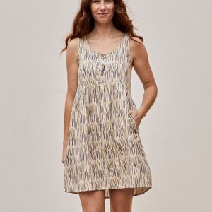 Vestido corte imperio beige de lino estampado selva